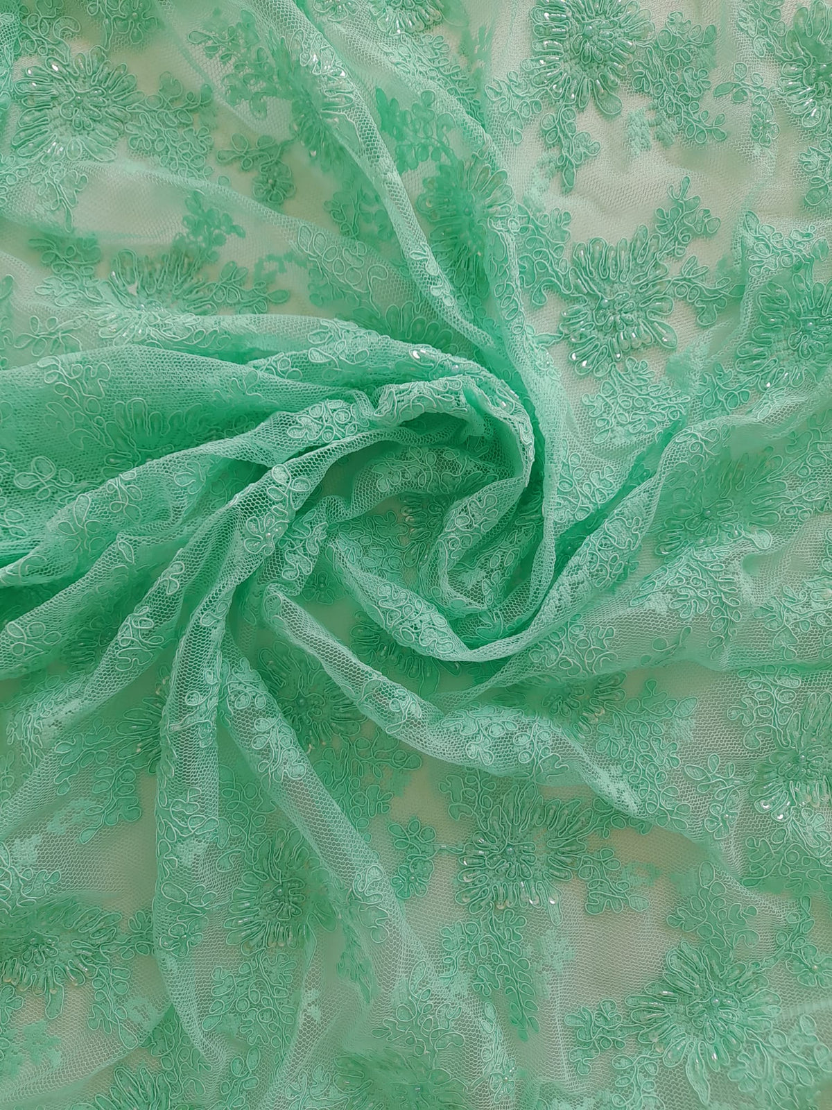 EMBROIDERED FLORAL TULLE LACE-GREEN ACQUA